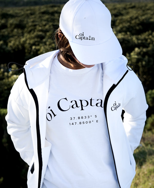 The Seascape Hoodie Jacket is an elevated style weekday to weekend hoodie, designed to take your leisurewear to the next level which is why it's one of our favourites.   Quality vinyl heat pressed Oi Captain logo on chest and back, small detail type latitude and longitude graphic on hood edge.