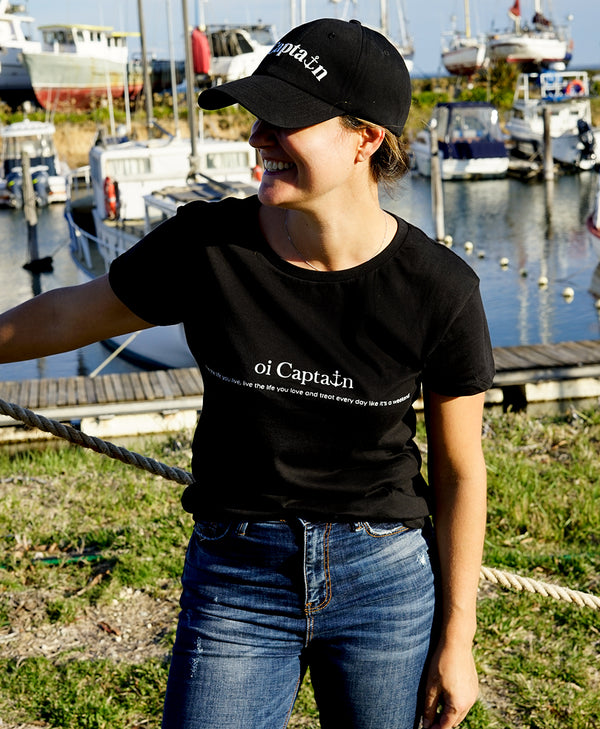 The Queen of Hearts Soft Crew Neck Tee is set to be your go-to partner year-round.  Finished with 100% cotton preshrunk jersey knit, taped neck and shoulders, double needle sleeve and bottom hems.   Quality vinyl heat pressed Oi Captain logo type "Love the life you live, live the life you love and treat everyday like it's a weekend" on front chest and Anchor, latitude and longitude graphic on back.