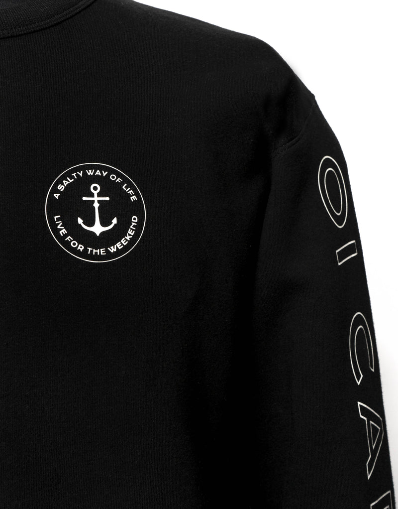 An effortless sweat to update your basic essentials with the Copeland Crew Neck Jumper.  This everyday easy to wear pullover offers an ultra soft feel.  The Copeland features classic fit features a crew neck, half moon back patch and is constructed with double-needle stitching at shoulder, neck, waistband & cuffs, crafted with spandex. Quality vinyl heat pressed Oi Captain Anchor logo on front chest "Salty way of life" and Oi Captain logo on left sleeve.