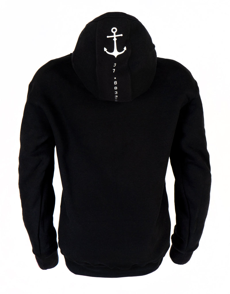 Your weekend just got a little better. Meet the Oi Captain Seas The Day classic fit hoodie.  Created from a cotton blend for instant comfy weekend vibes, crossover hood opening with rib trim applied to edge. Double-needle stitching at shoulder, neck, waistband & cuffs, and a handy kangaroo pocket. Quality vinyl heat pressed Oi Captain logo on front chest and Anchor, latitude and longitude graphic on back.