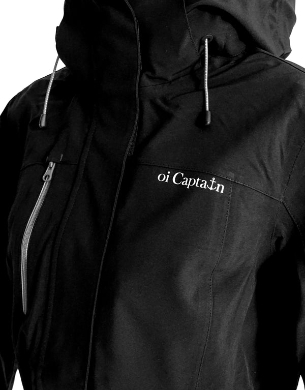 Invest in statement outerwear this season with the Sail Away Waterproof Shell Jacket.   Perfectly fusing classic contemporary fashion and functionality, this must-have waterproof functional shell jacket is constructed with high abrasion resistant fabric on elbows and lower back. Zip under armhole for better ventilation. Sleeve pocket, front pocket, chest pocket and inner pocket. Quality vinyl heat pressed Oi Captain logo on front chest and latitude and longitude graphic on back.