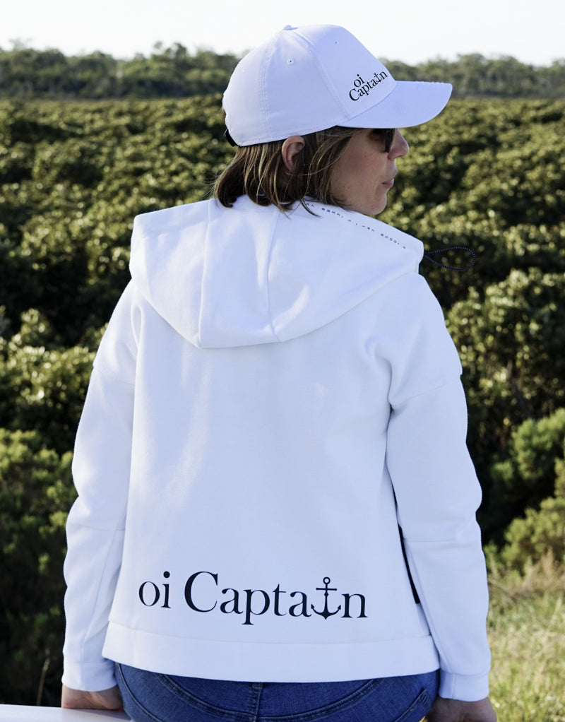 The Seascape Hoodie Jacket is an elevated style weekday to weekend hoodie, designed to take your leisurewear to the next level which is why it's one of our favourites.   Quality vinyl heat pressed Oi Captain logo on chest and back, small detail type latitude and longitude graphic on hood edge.  This high funnel neck and the overall design is crafted to make it unique. Premium cotton, this is a perfect addition for trendsetters' collection and anyone who wants to stand out from the crowd.