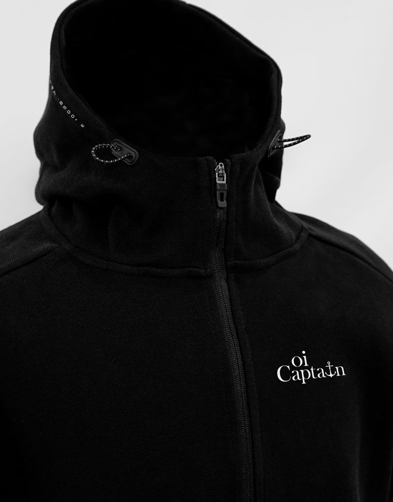 The Seascape Hoodie Jacket is an elevated style weekday to weekend hoodie, designed to take your leisurewear to the next level which is why it's one of our favourites.   Quality vinyl heat pressed Oi Captain logo on chest and back, small detail type latitude and longitude graphic on hood edge.  This high funnel neck and the overall design is crafted to make it unique. Premium cotton, this is a perfect addition for trendsetters' collection and anyone who wants to stand out from the crowd.