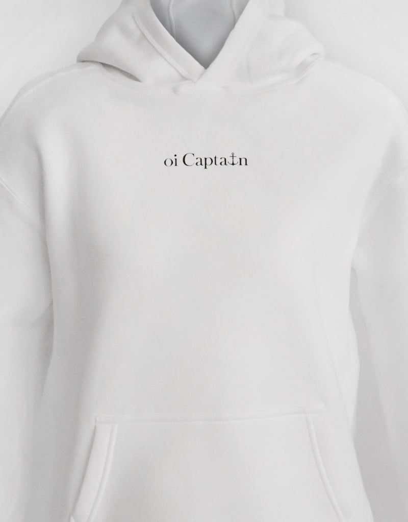 Your weekend just got a little better. Meet the Oi Captain Seas The Day classic fit hoodie.  Created from a cotton blend for instant comfy weekend vibes, crossover hood opening with rib trim applied to edge. Double-needle stitching at shoulder, neck, waistband & cuffs, and a handy kangaroo pocket. Quality vinyl heat pressed Oi Captain logo on front chest and Anchor, latitude and longitude graphic on back.